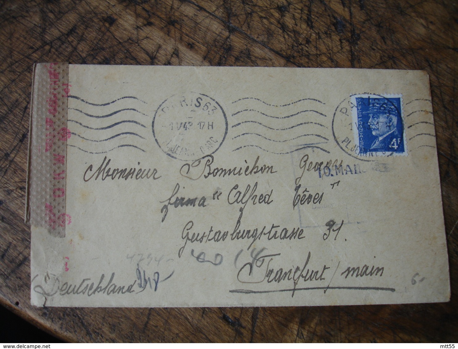 Lettre Ouverture Censure Timbre Petain 4 F Pour Travailleur St O Franckfort - Guerre De 1939-45