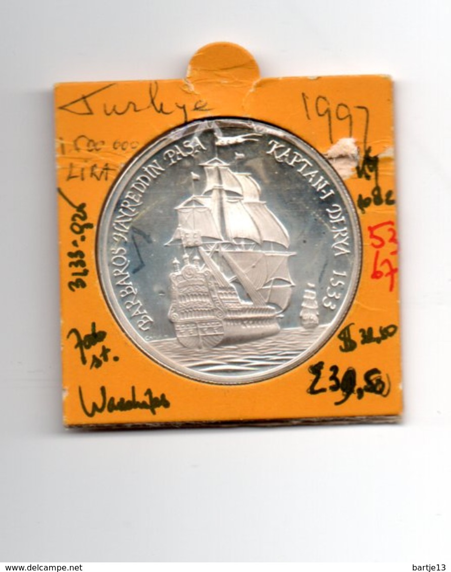 TURKIJE 1.500.000 LIRA 1997 WARSHIP SCHIP AG PROOF LOW MINTAGE - Turquie