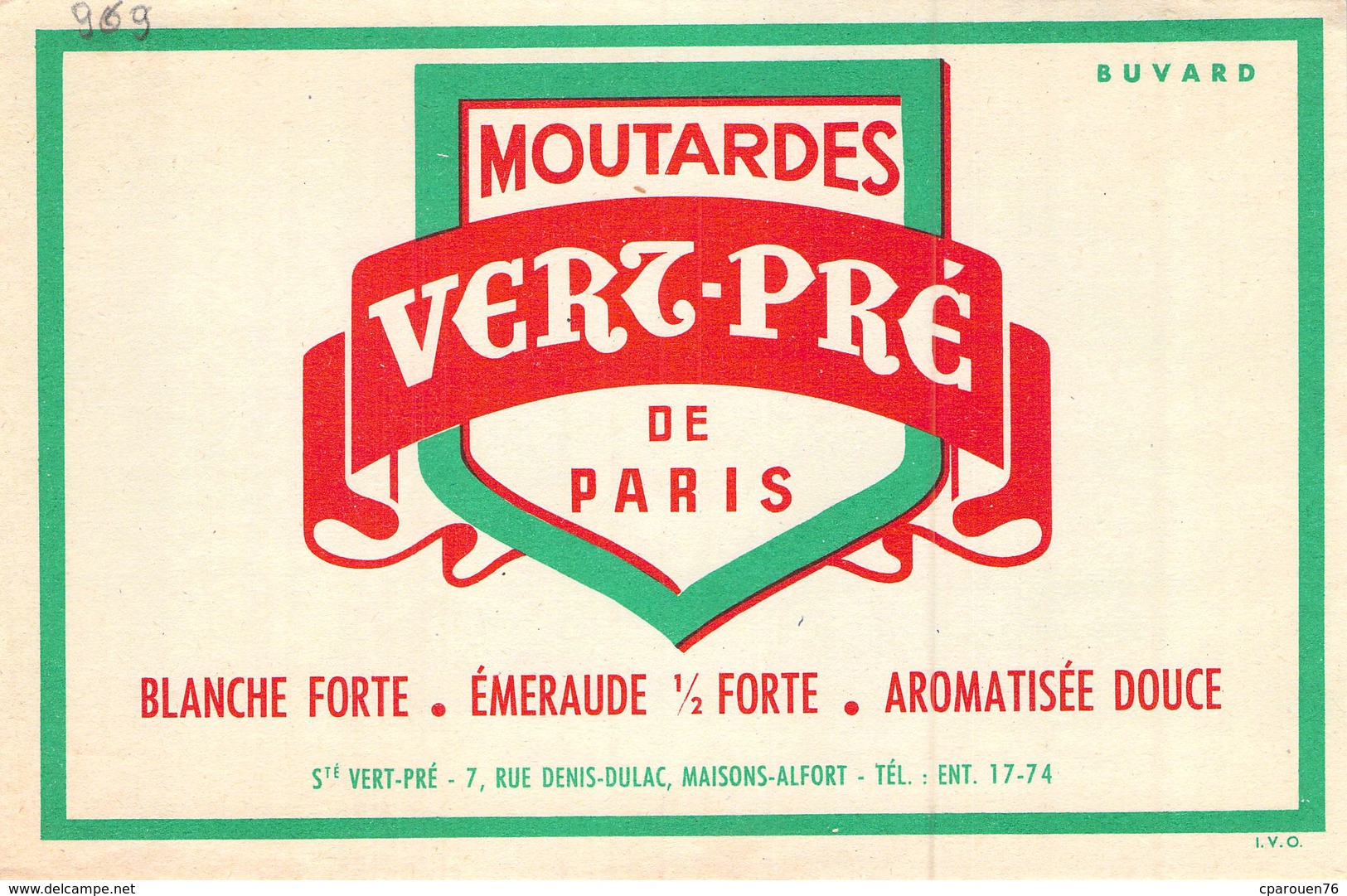 Ancien Buvard Collection Moutarde Vert Pré De Paris 7 Rue Denis Dulac Maisons Alfort - Moutardes