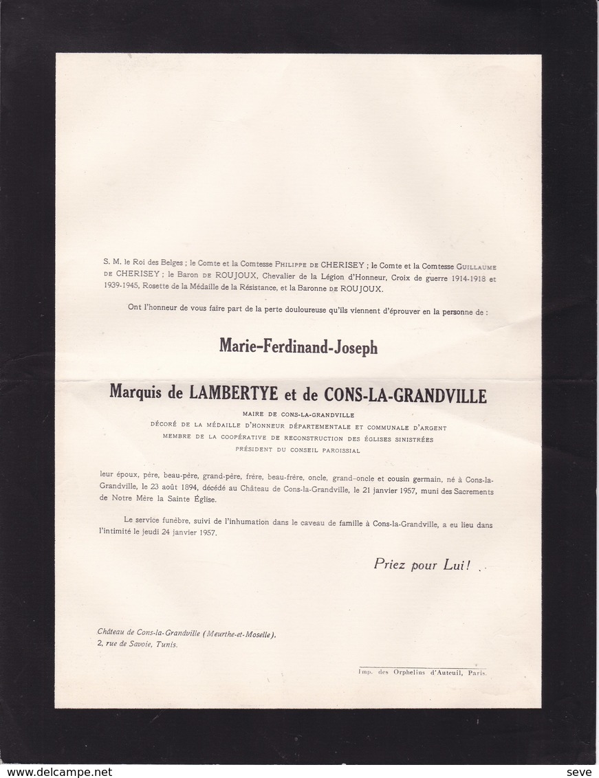 CONS-LA-GRANVILLE Maire Marie-Derdinand Marquis De LAMBERTYE Et De CONS-LA-GRANDVILLE  1894-1957 En 2 Volets Ok - Todesanzeige