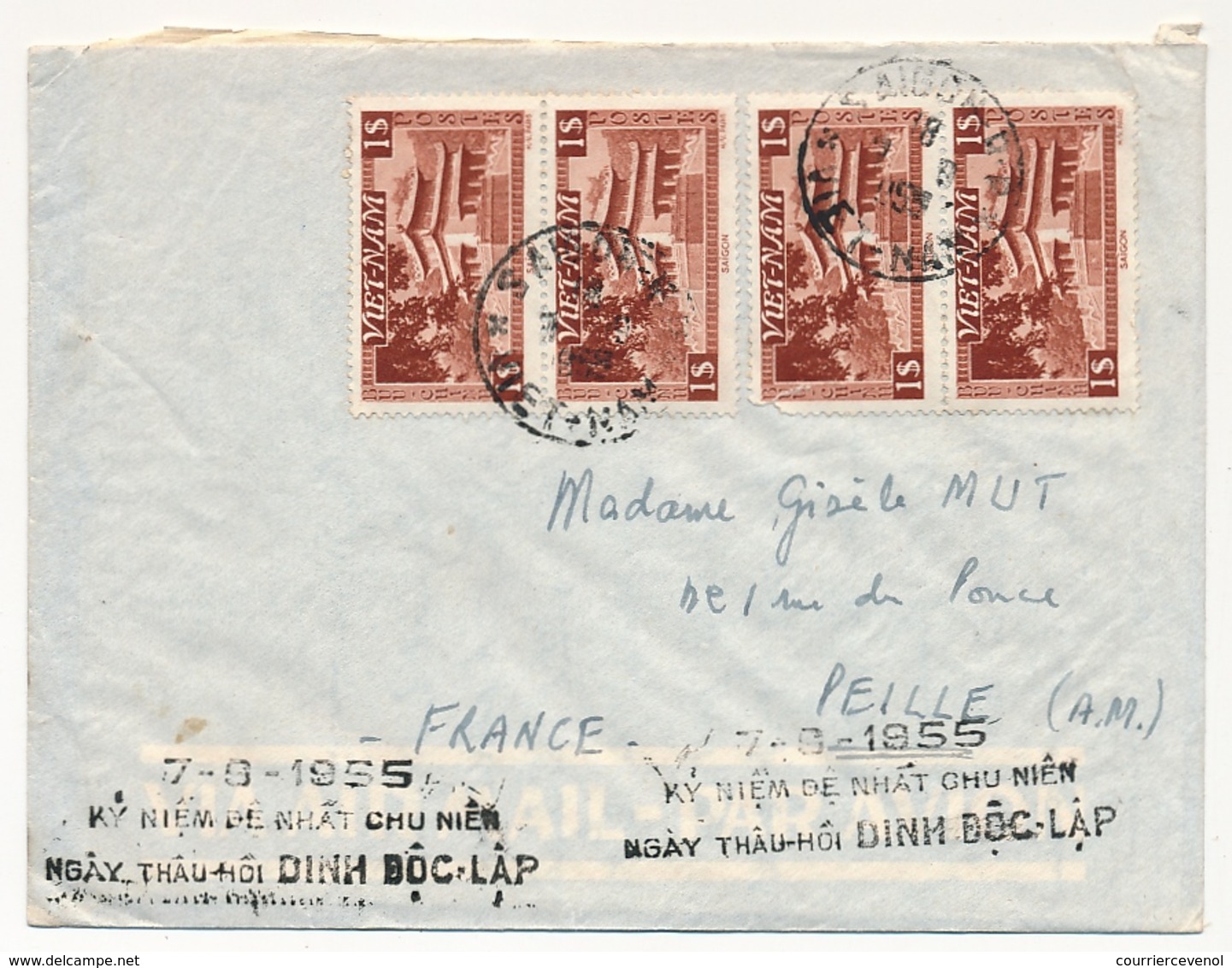 VIET-NAM - Enveloppe Depuis Saïgon - 1955 - Griffe Noire 7/8/1955 "Ky Niem De Nhât Chu Niên..." - Viêt-Nam