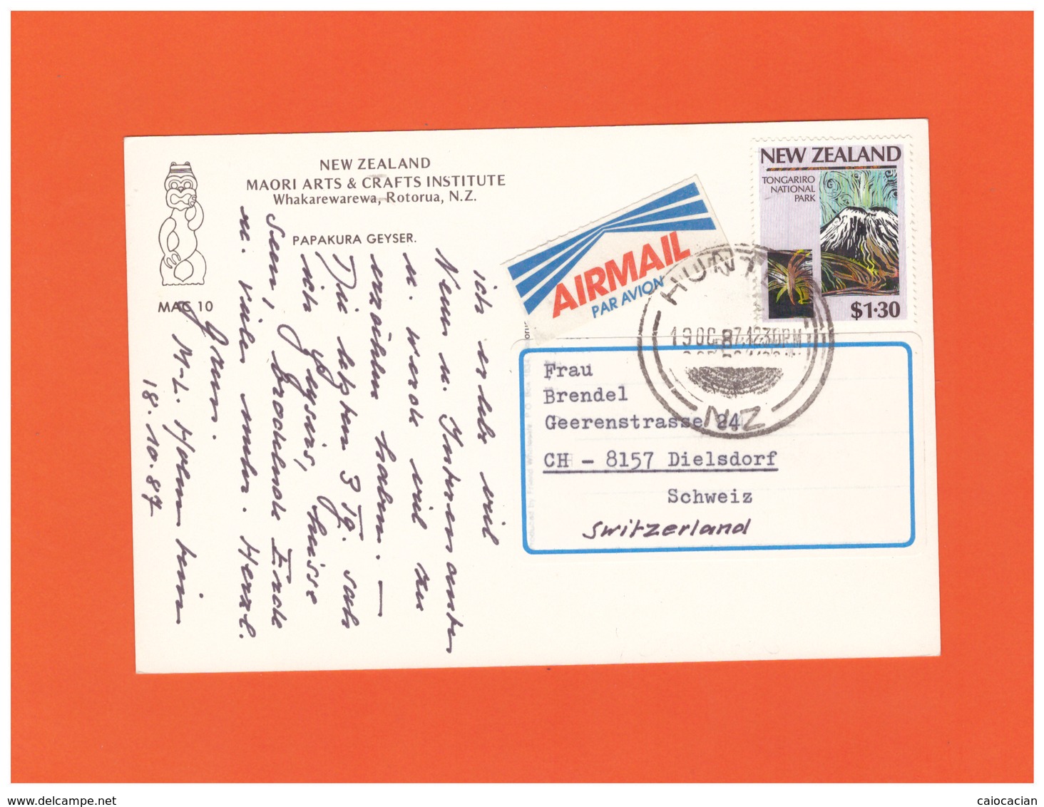 1987 NEW ZEALAND PAPAKURA GEISER AIR MAIL POSTCARD WITH 1 STAMP TO SWISS - Storia Postale