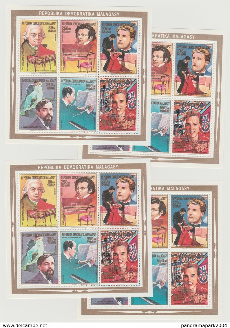 Madagascar Madagaskar 1988/1993 GOLD SILVER OVERPRINT Elvis Presley Musicians Debussy Musik Musique Bach Schubert Bizet - Madagaskar (1960-...)