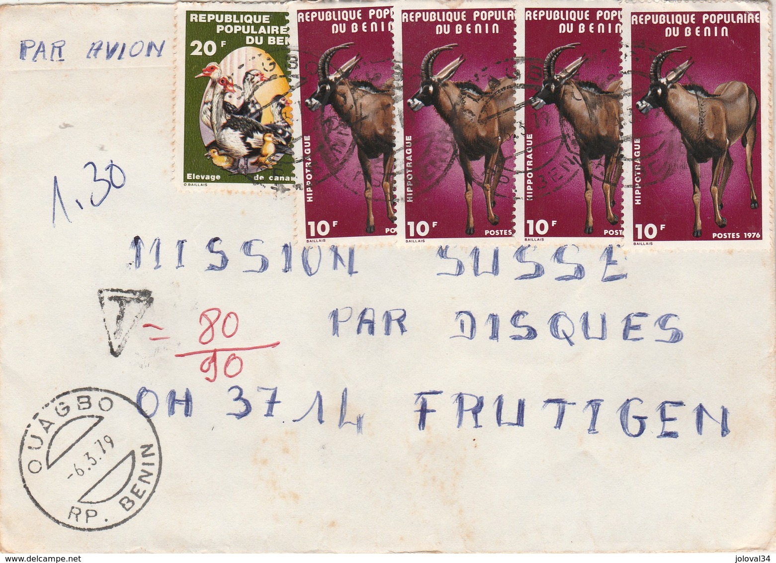 Bénin - Lettre OUAGBO 6/3/1979 Pour Frutigen Suisse - Hippotrague Canard - Animaux Oiseau - Bénin – Dahomey (1960-...)