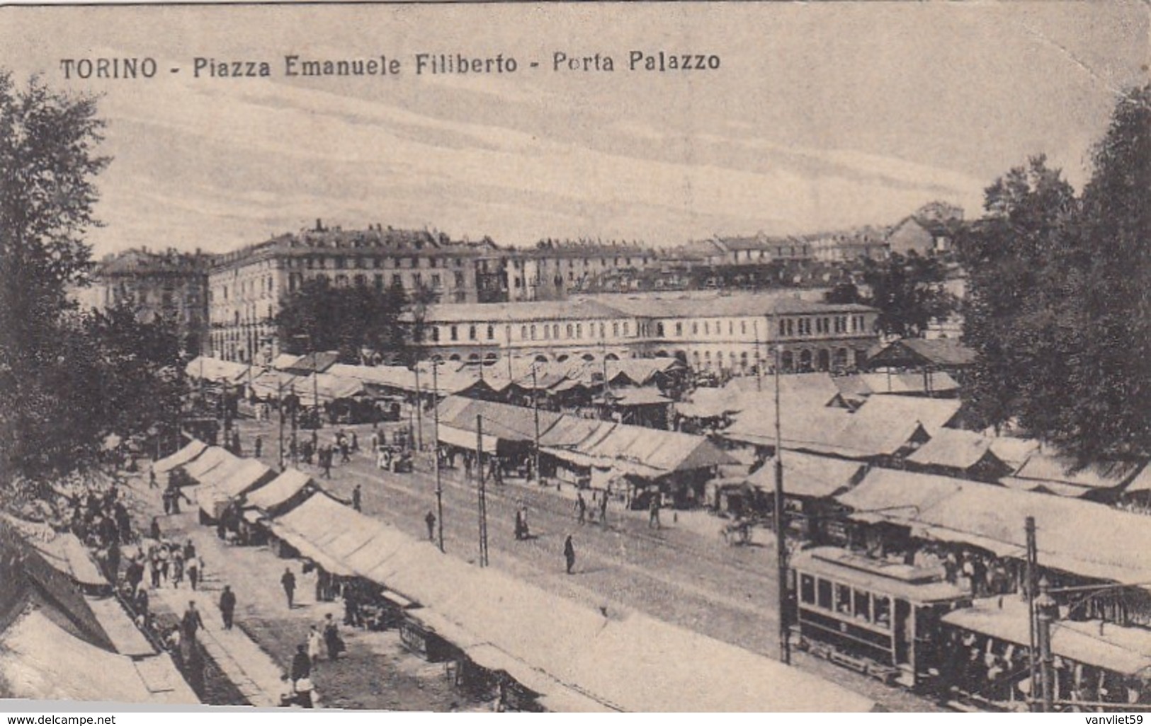 TORINO-PIAZZA EMANUELE FILIBERTO-PORTA PALAZZO-TRAM E MERCATO-CARTOLINA NON VIAGGIATA -ANNO 1915-1925 - Piazze