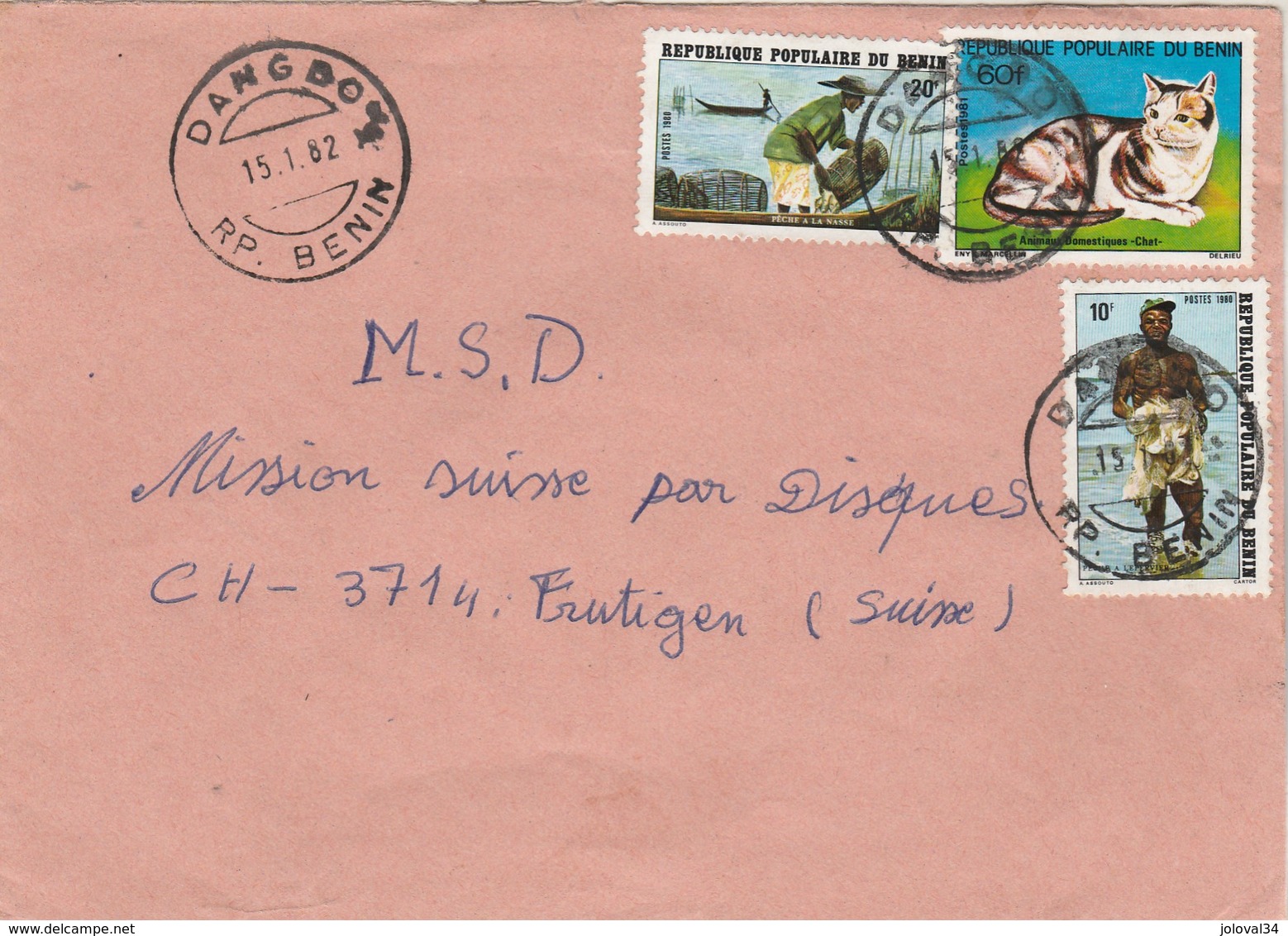 Bénin - Lettre  DANGBO 15/1/1982 Pour Frutigen Suisse - Chat Pêche - Benin – Dahomey (1960-...)