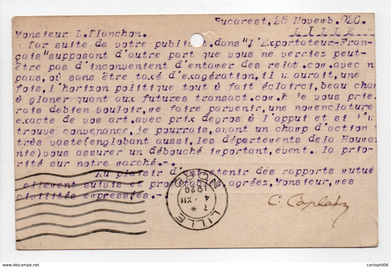 - CARTE POSTALE CHARLES CAPLAIN, BUCAREST Pour LILLE (France) 25.11.1920 - - Entiers Postaux