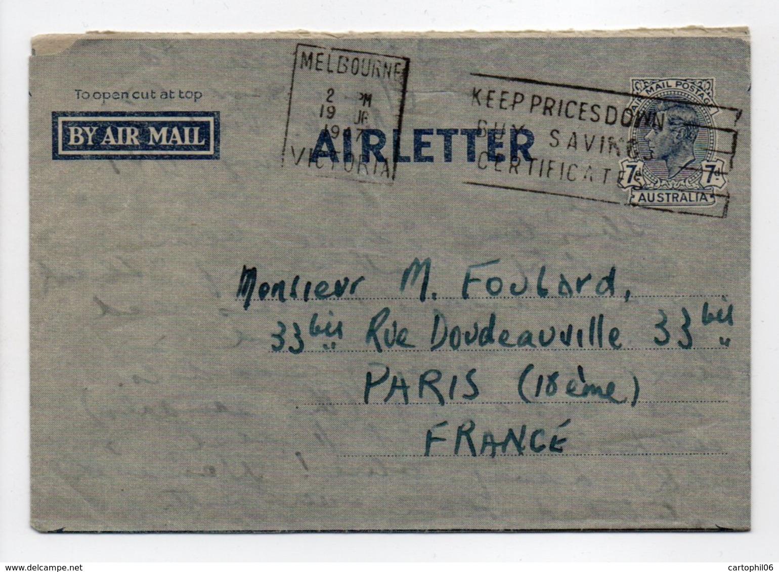 - AIRLETTER MELBOURNE (Australie) Pour PARIS (France) 19.8.1947 - - Entiers Postaux