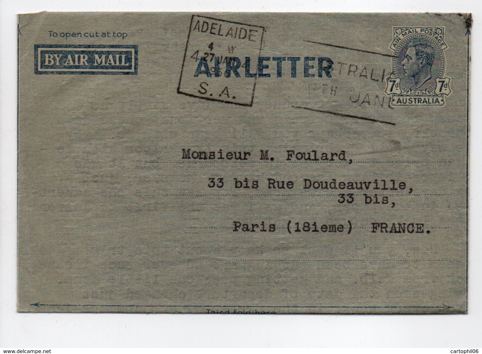 - AIRLETTER ADELAIDE (Australie) Pour PARIS (France) 27.1.1950 - - Entiers Postaux