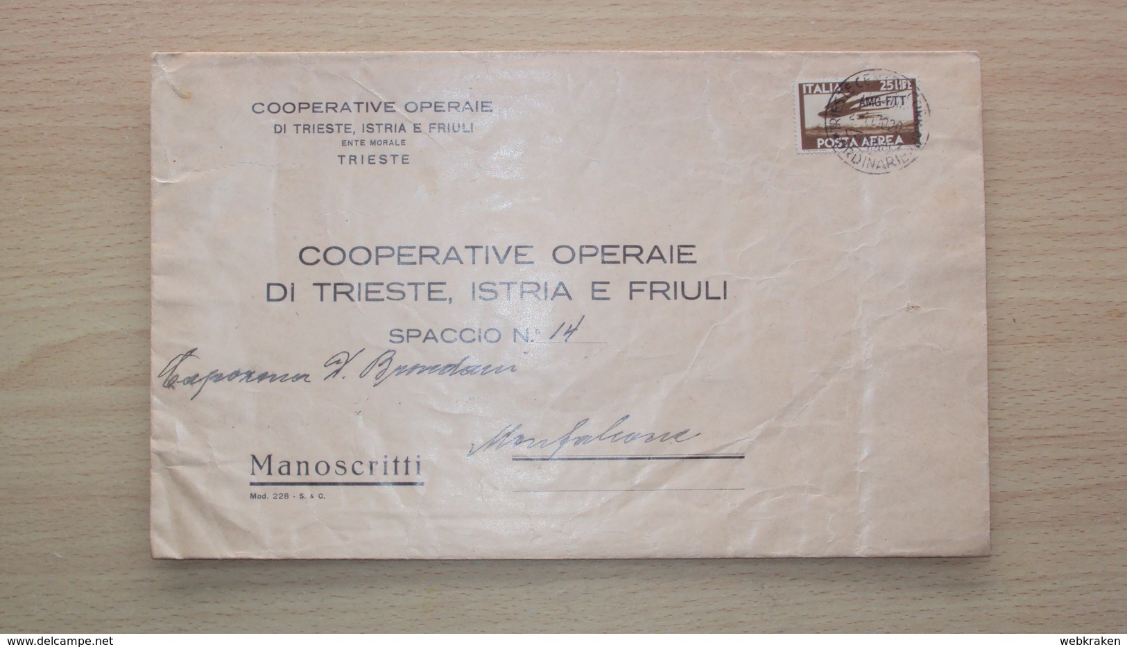 TRIESTE OCCUPAZIONE AMERICANA AMG-FTT BUSTA GRANDE FRANCOBOLLO 25 LIRE POSTA AEREA ISOLATO SOVRASTAMPATO - Storia Postale