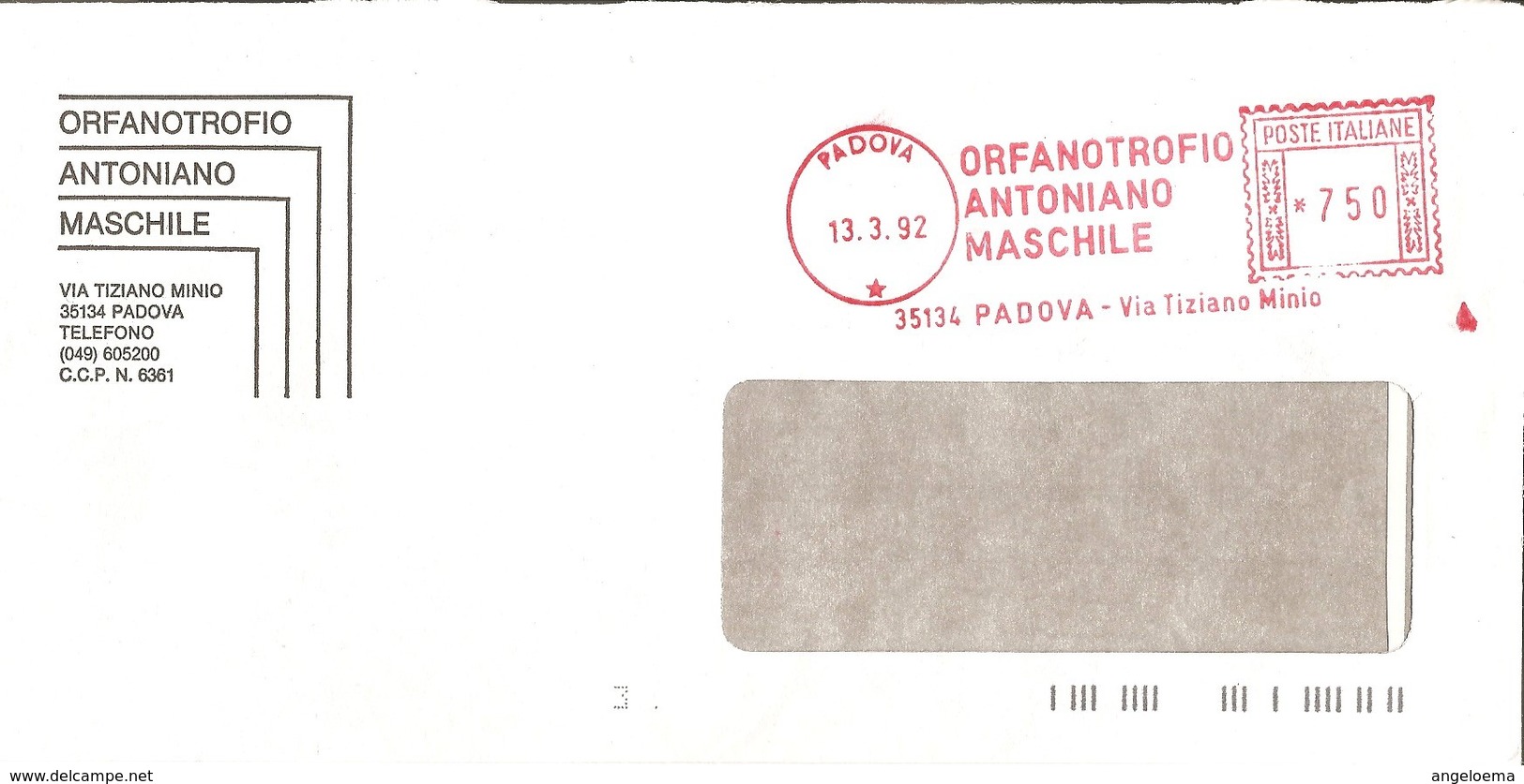 ITALIA - 1994 PADOVA Orfanotrofio Antoniano Maschile - Ema Affrancatura Meccanica Rossa Red Meter - Cristianismo