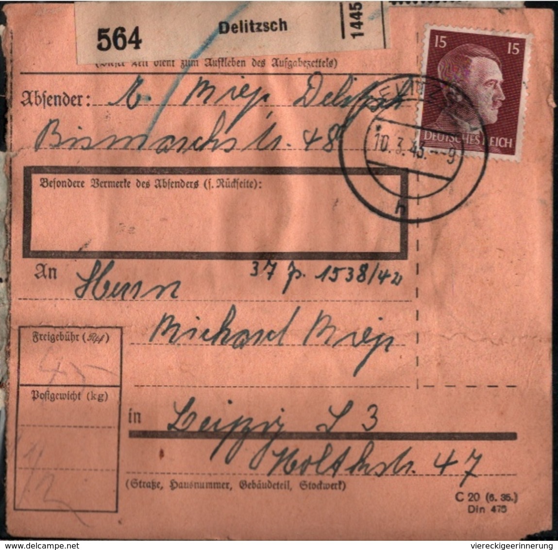 ! 1943 Paketkarte Deutsches Reich, Delitzsch Nach Leipzig, Zusammendrucke - Storia Postale