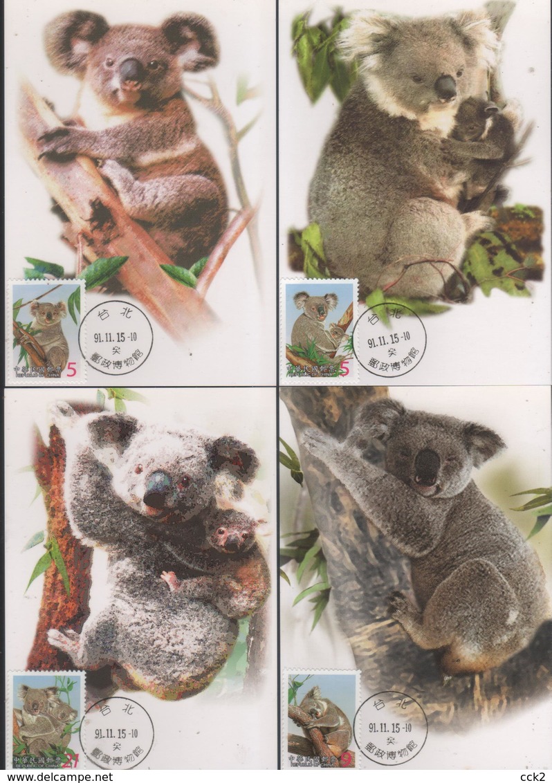 Taiwan R.O,China- Maximum Card –Cute Animal Series —Koala Bear (4V) 2002 - Cartes-maximum