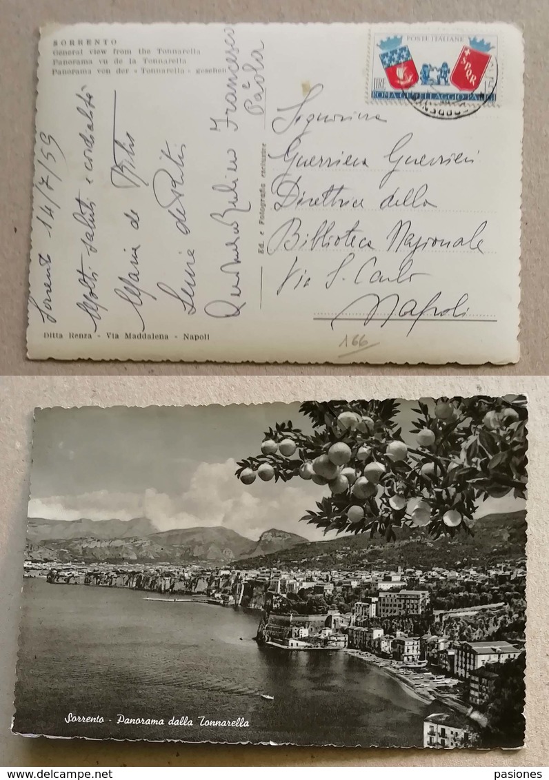 Cartolina Illustrata Sorrento-Napoli - 14/07/1959 Affrancata Con L.15 Gemellaggio Roma/Parigi Isolato Tardivo - 1946-60: Storia Postale