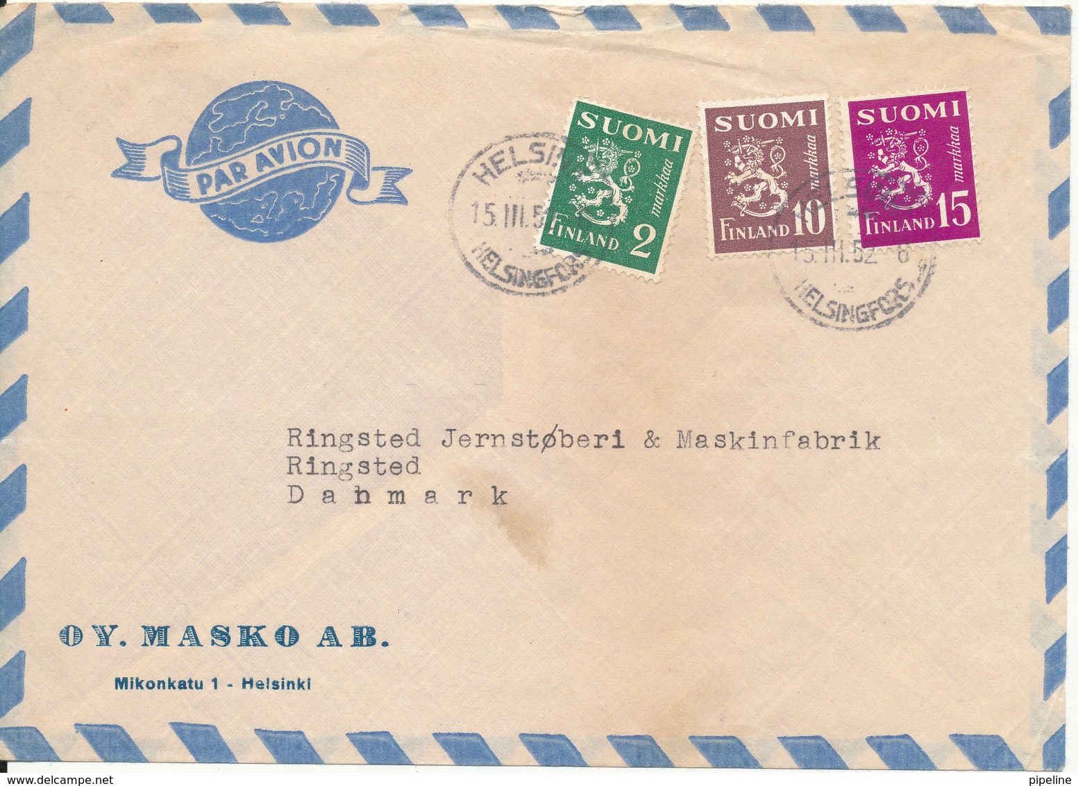 Finland Air Mail Cover Sent To Denmark 15-3-1952 Lion Stamps - Storia Postale