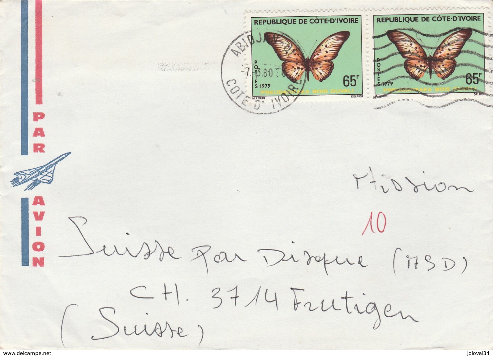Côte D' Ivoire - Lettre ABIDJAN 7/3/1980 Pour Frutigen Suisse - Papillon - Côte D'Ivoire (1960-...)