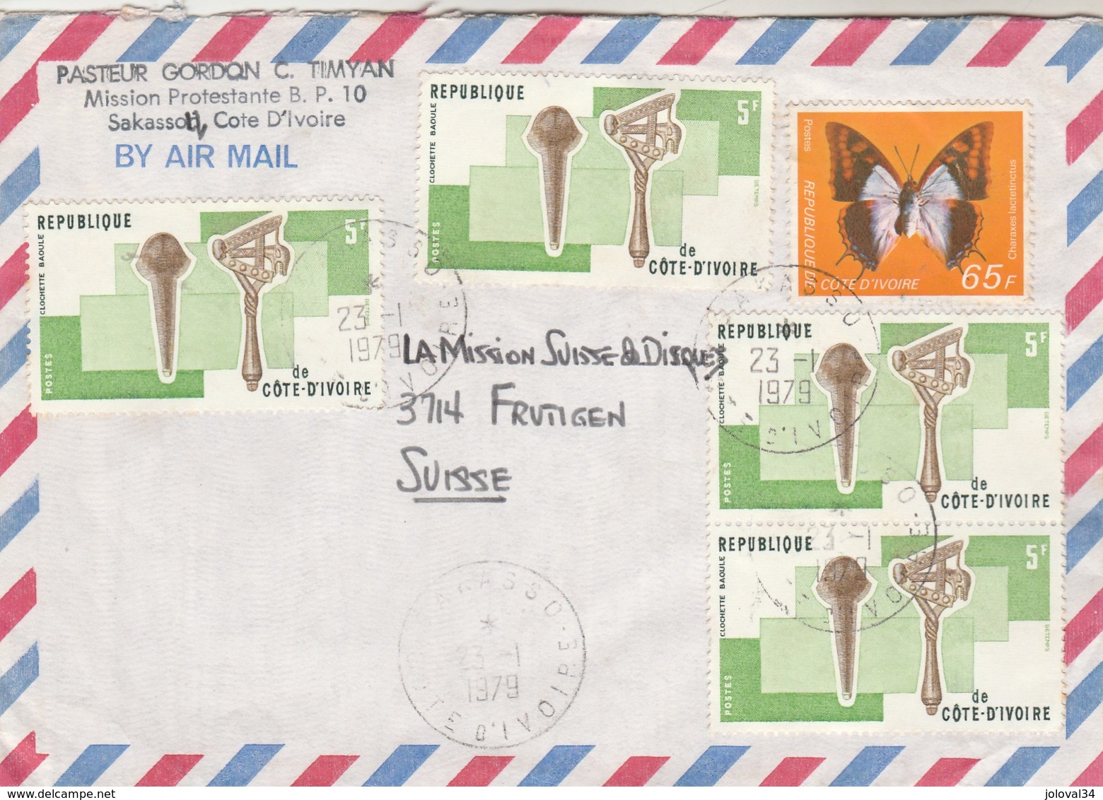 Côte D' Ivoire - Lettre SAKASSOU 23/1/1979 Pour Frutigen Suisse - Papillon Instruments Musique - Côte D'Ivoire (1960-...)