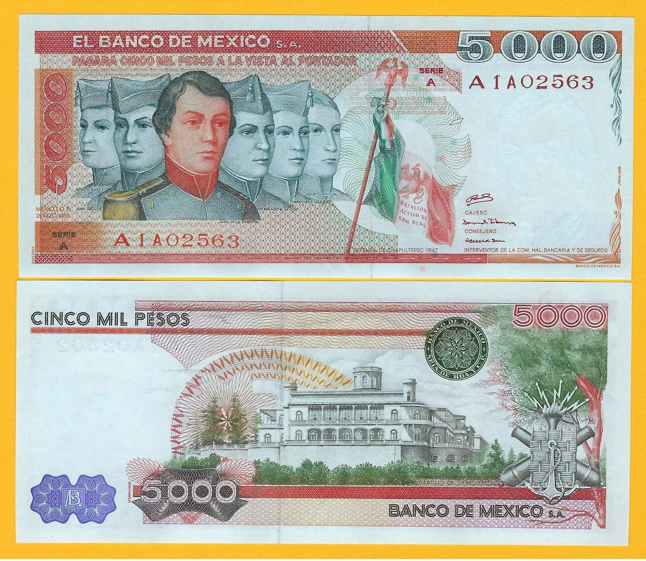 Mexico 5000 Pesos P-71 1980 (Serie A) UNC Banknote - Mexiko
