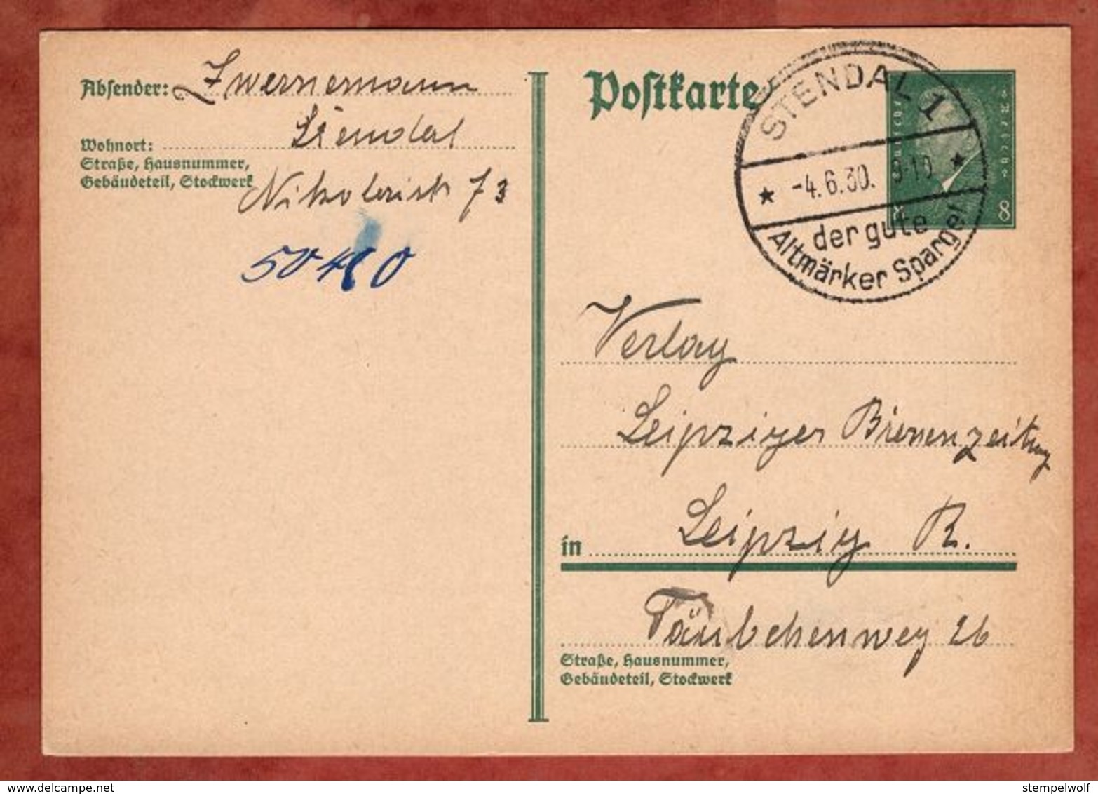 P 181 Ebert, SoSt Spargel Stendal, Nach Leipzig 1930 (91006) - Sonstige & Ohne Zuordnung