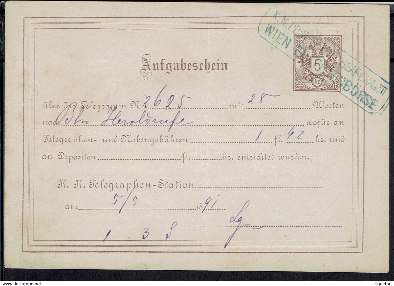 Autriche - 1891 - Aufgabeschein - Entier Postal 5 KR Sur Reçu De Télégramme - B/TB - - Autres & Non Classés