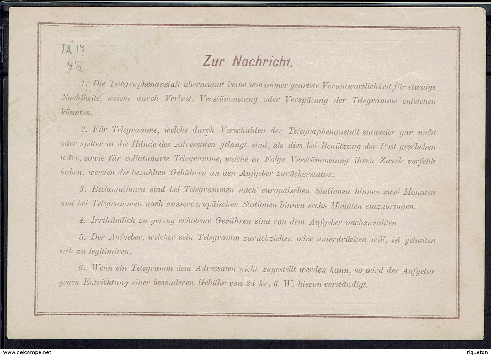 Autriche - 1891 - Aufgabeschein - Entier Postal 5 KR Sur Reçu De Télégramme - B/TB - - Autres & Non Classés