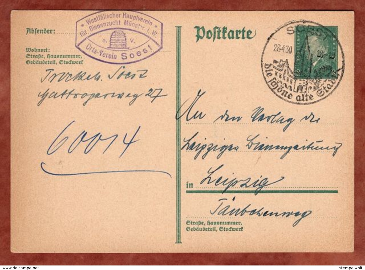 P 181 Ebert, Bienenzucht Muenster, SoSt Soest, Nach Leipzig 1930 (91007) - Sonstige & Ohne Zuordnung