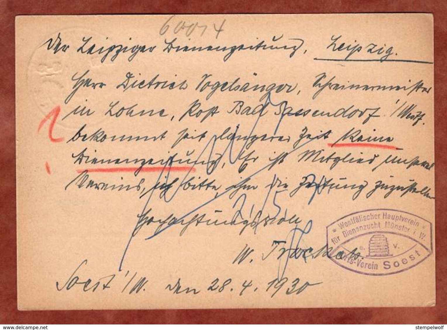 P 181 Ebert, Bienenzucht Muenster, SoSt Soest, Nach Leipzig 1930 (91007) - Sonstige & Ohne Zuordnung