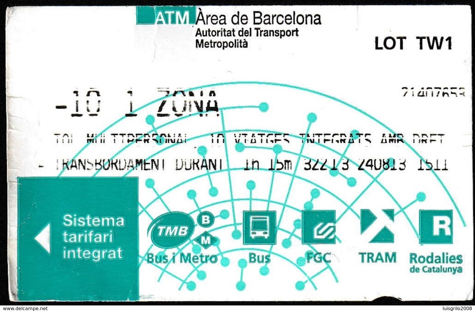 Billet 10 Voyages, Espagne 2011 - ATM Área De Barcelona // Train/ Bus/ Métro - Europe