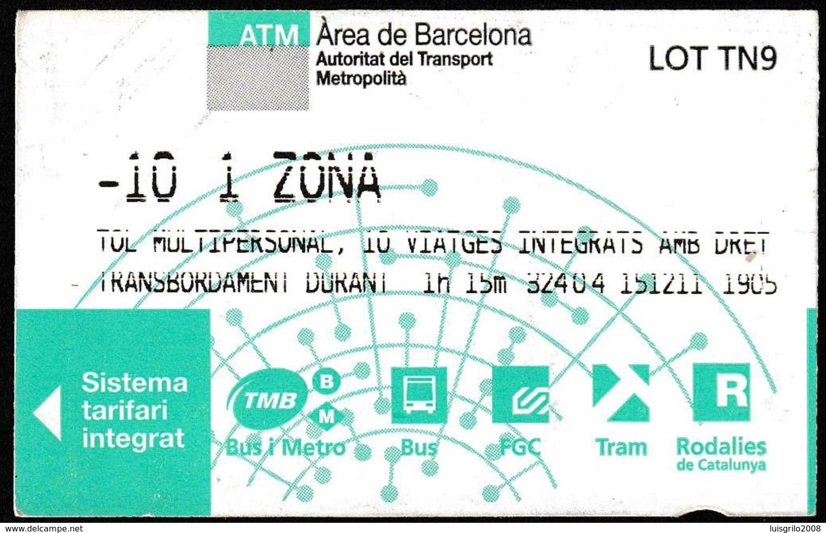 Billet 10 Voyages, Espagne 2011 - ATM Área De Barcelona // Train/ Bus/ Métro - Europa