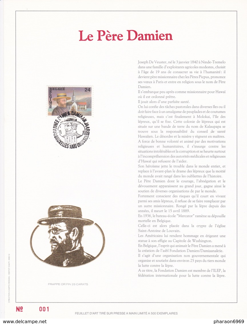 Exemplaire 001 Feuillet Tirage Limité 500 Exemplaires Frappe Or Fin 23 Carats 2346 Père Damien - Feuilles Complètes & Feuillets