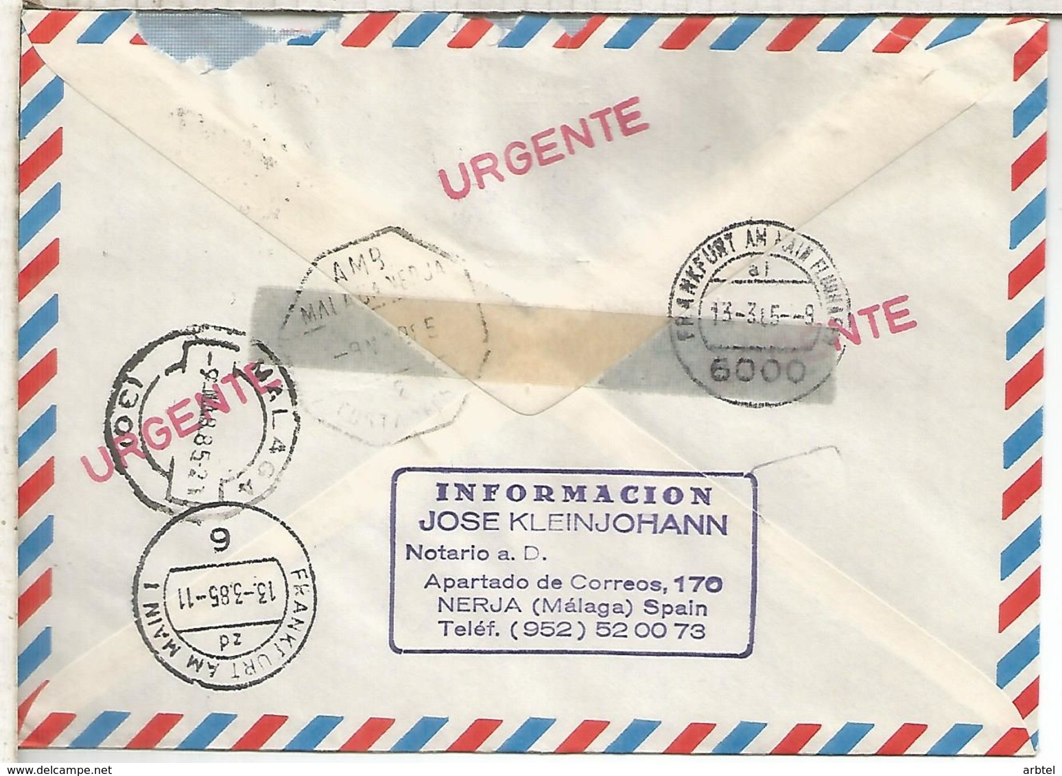 NERJA MALAGA CC URGENTE A ALEMANIA  1985 MAT AMBULANTE MALAGA NERJA TRANSITO Y LLEGADA - Cartas & Documentos