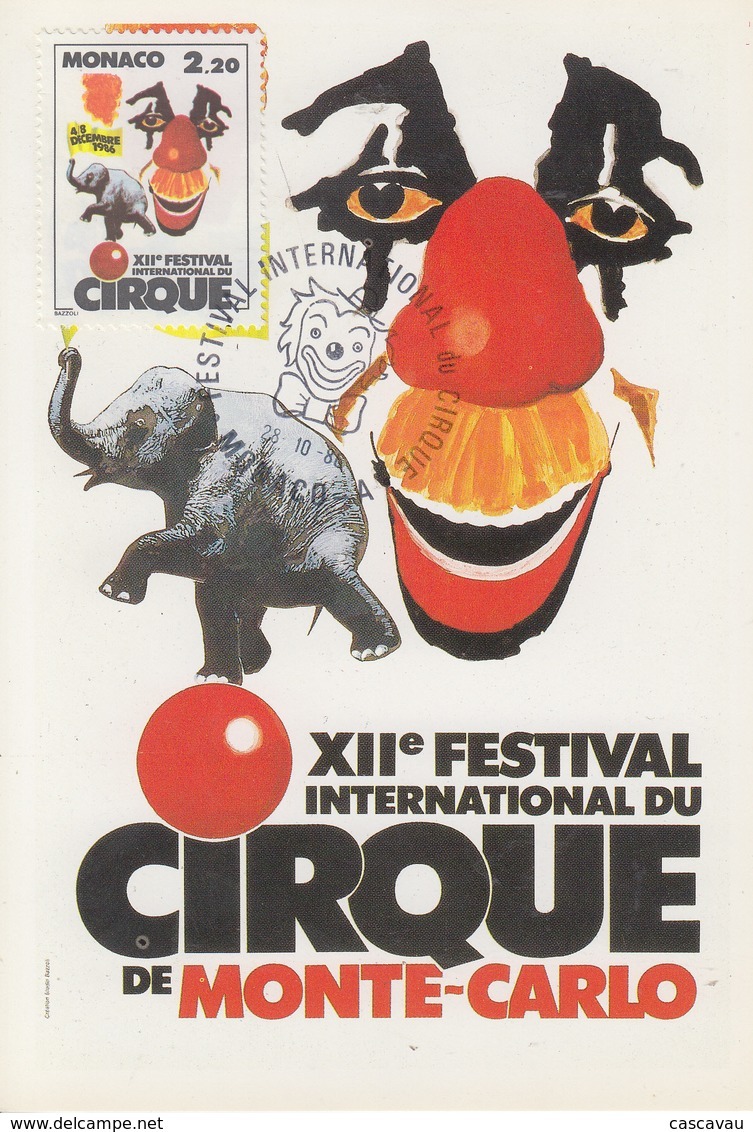 Carte Maximum  1er Jour  MONACO  12éme  FESTIVAL  INTERNATIONAL  Du  CIRQUE    1986 - Cirque