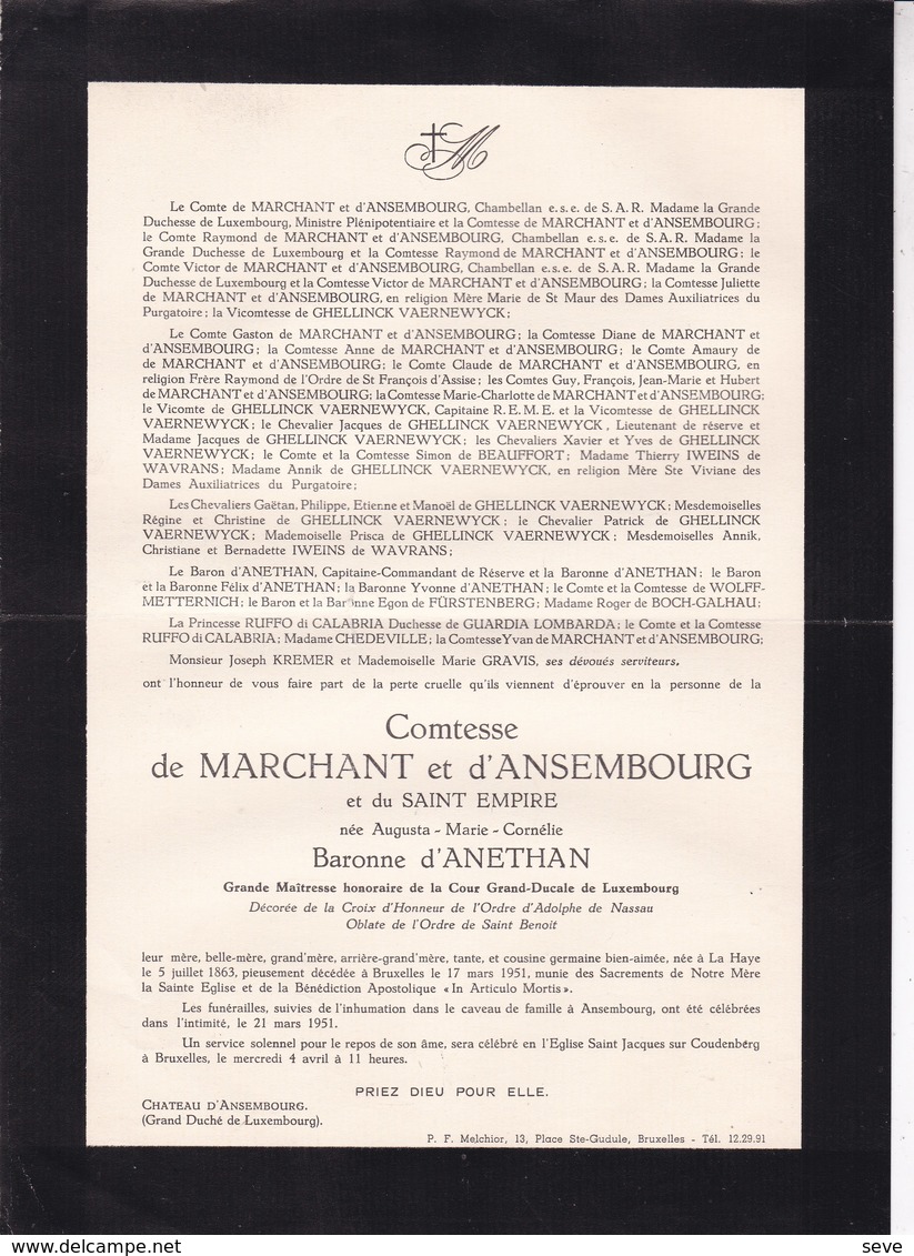 LA HAYE ANSEMBOURG Augusta Baronne D'ANETHAN Comtesse De MARCHANT D''ANSEMBOURG 1863-1951 Cour Grand-Ducale - Overlijden