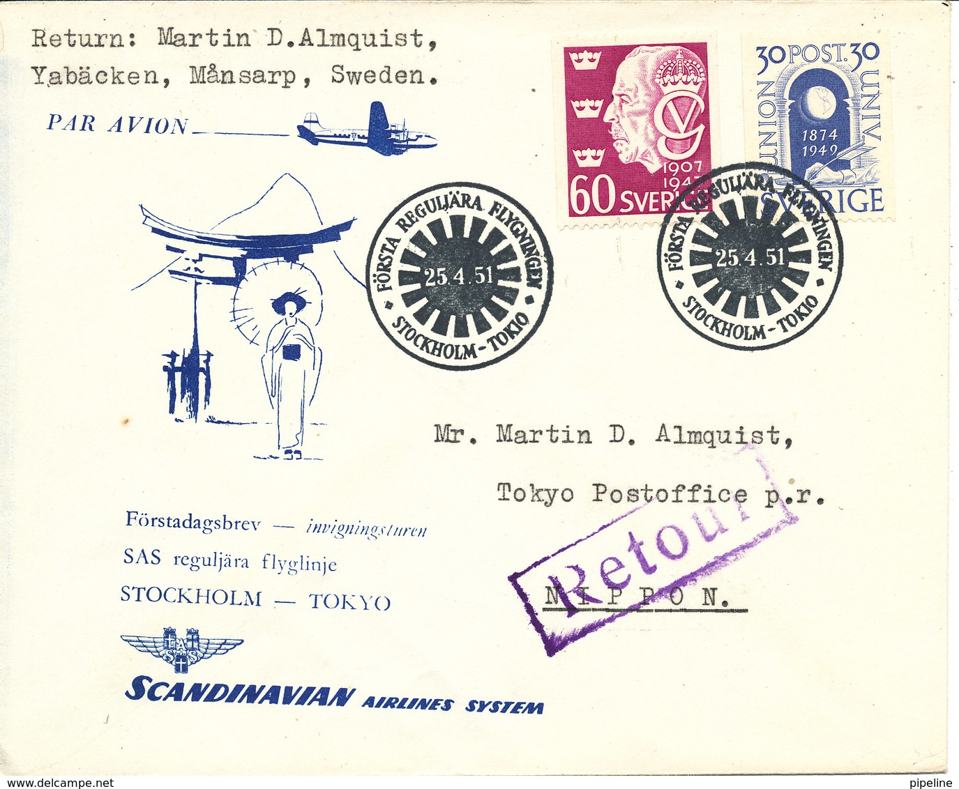 Sweden First SAS Flight Stockholm - Tokyo 25-4-1951 - Covers & Documents