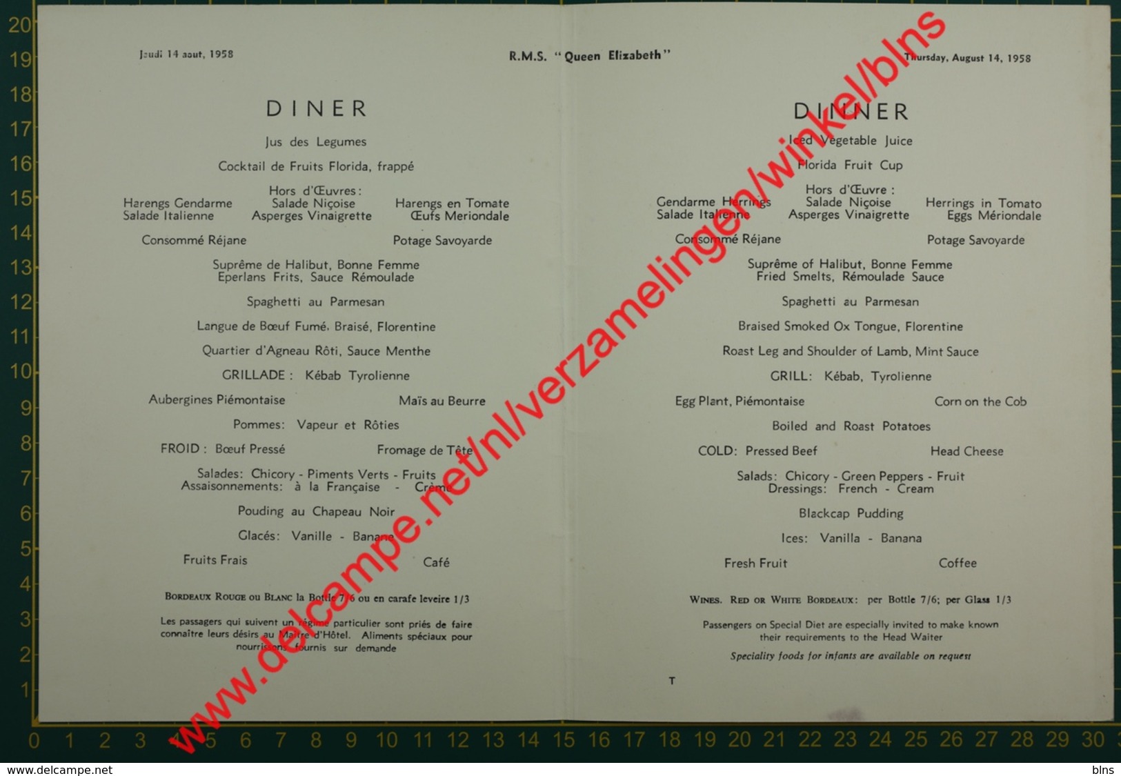 Cunard - R.M.S. Queen Elizabeth - 1958 - Menu - Menus