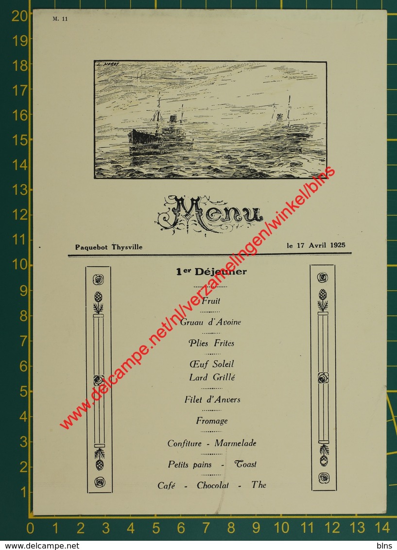 Paquebot Thysville - 1925 - Compagnie Belge Maritime Du Congo - Compagnie Maritime Belge - Menu - Menus