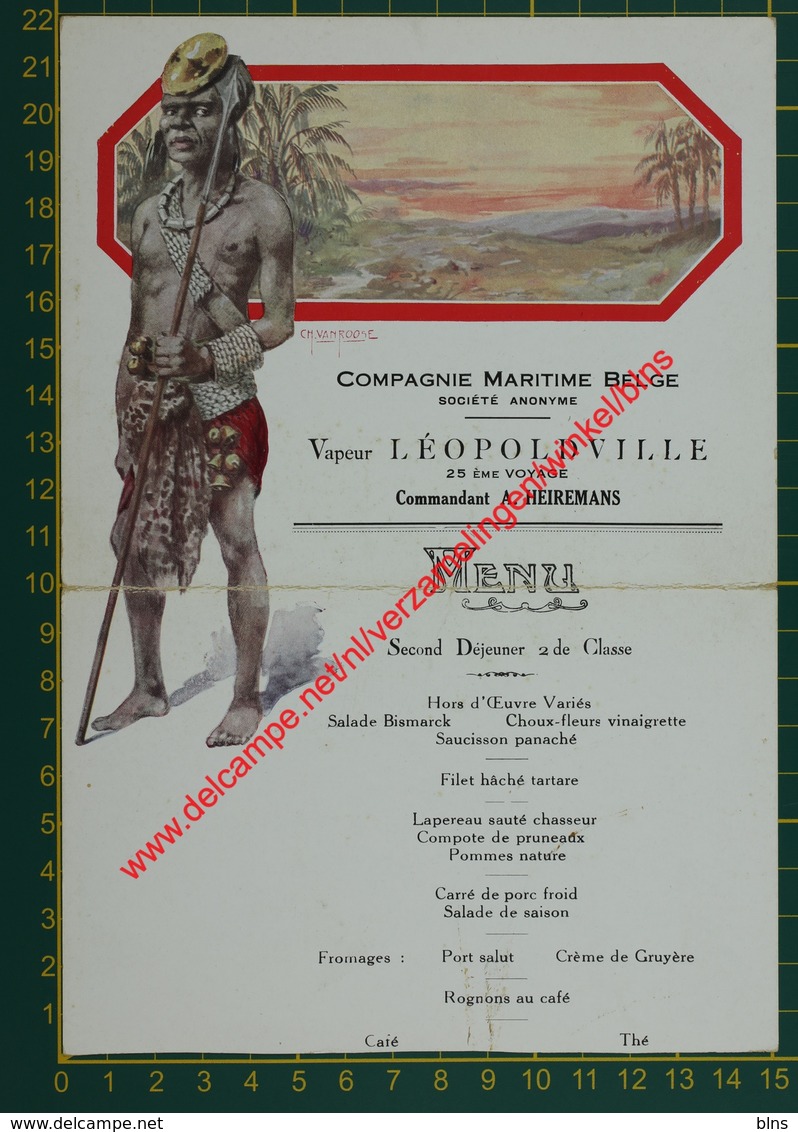 Vapeur Léopoldville - 25 ème Voyage - Compagnie Maritime Belge - Menu - Menus