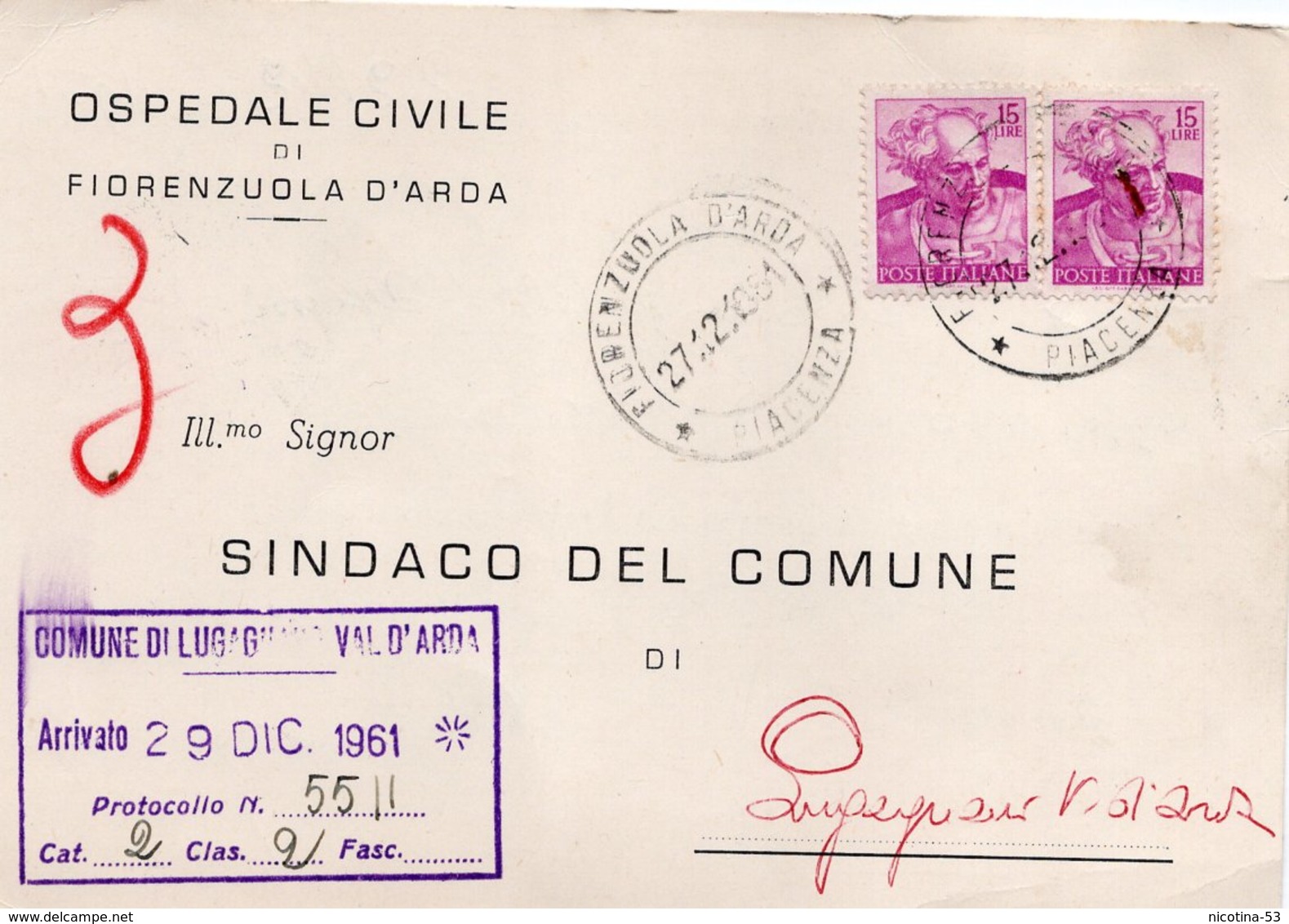 CT-03393- DA OSPEDALE CIVILE DI FIORENZUOLA D'ARDA A SINDACO DI LUGAGNANO VAL D'ARDA 27/12/1961 - Salute