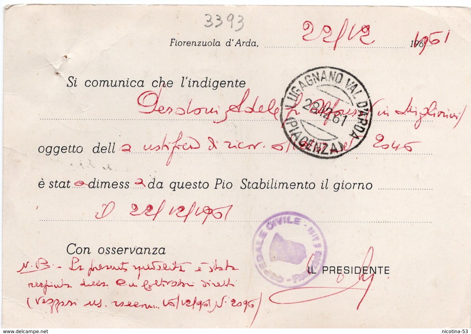 CT-03393- DA OSPEDALE CIVILE DI FIORENZUOLA D'ARDA A SINDACO DI LUGAGNANO VAL D'ARDA 27/12/1961 - Salute