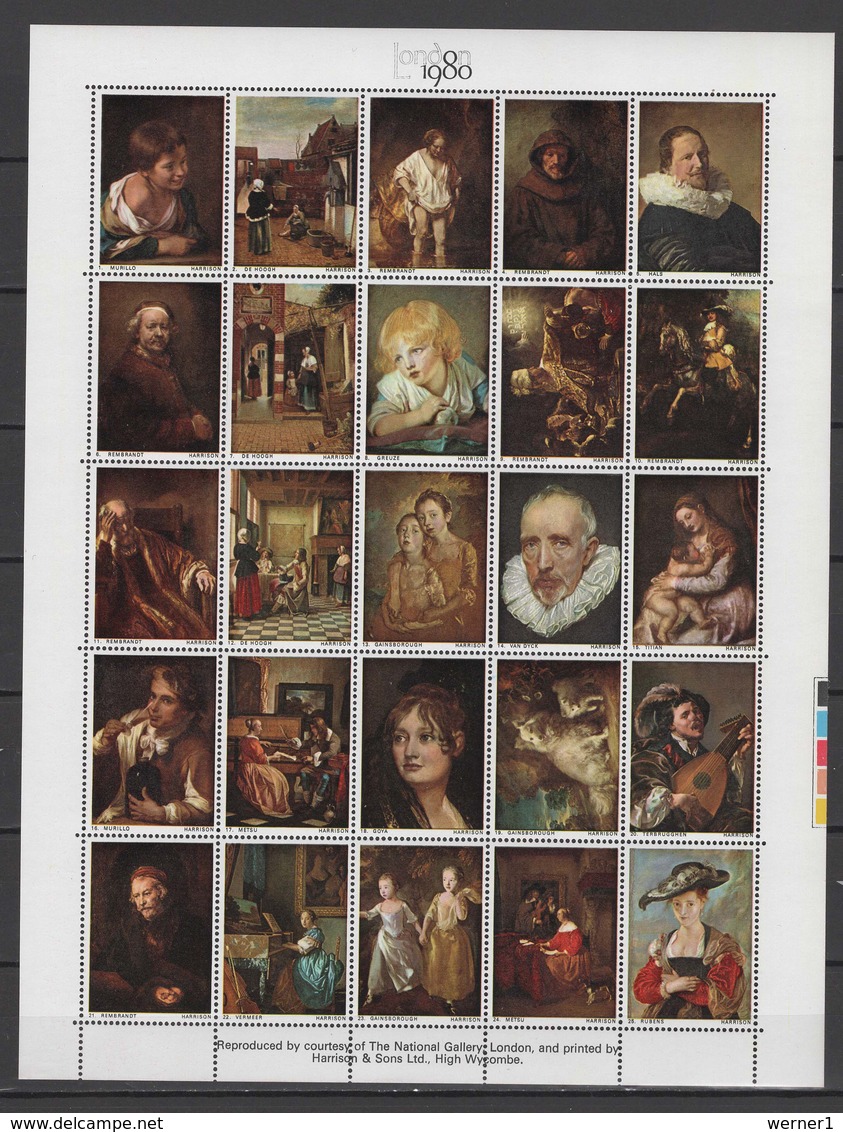 UK England 1980 Paintings Rembrandt, Gainsborough, Titian, Rubens, Goya Etc., London 1980 Sheetlet With 25 Vignettes MNH - Rembrandt