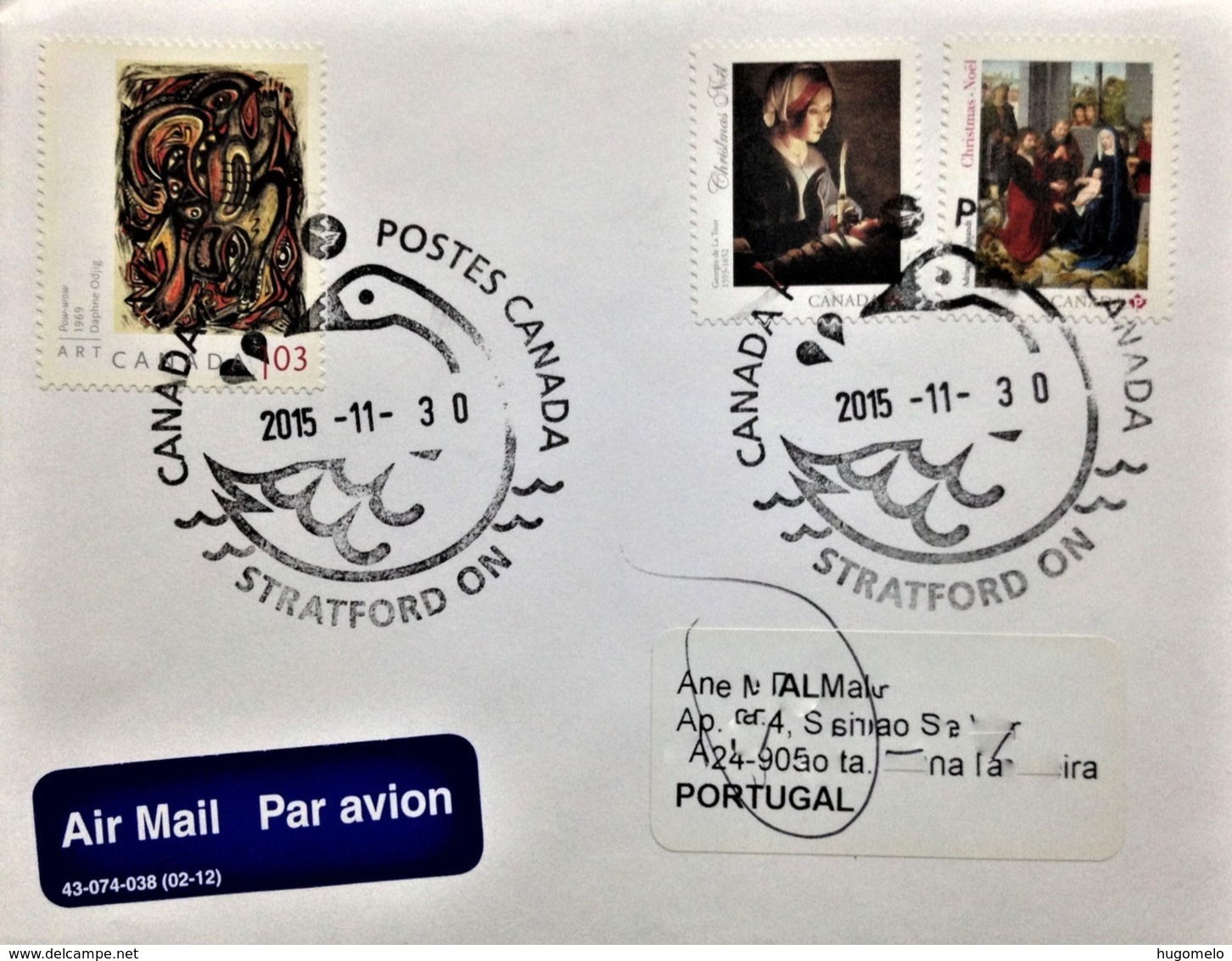 Canada, Circulated Cover To Portugal, "Christmas", "Art", Famous People", "Daphne Odjig", 2015 - Lettres & Documents