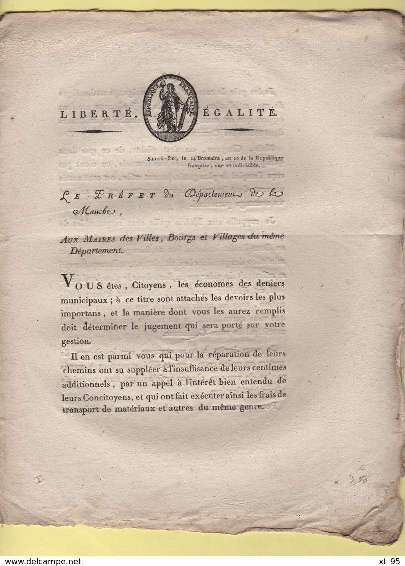 Prefet De La Manche - 14 Brumaire An 10 - Deniers Municipaux - Gestion Des Communes - Documenti Storici