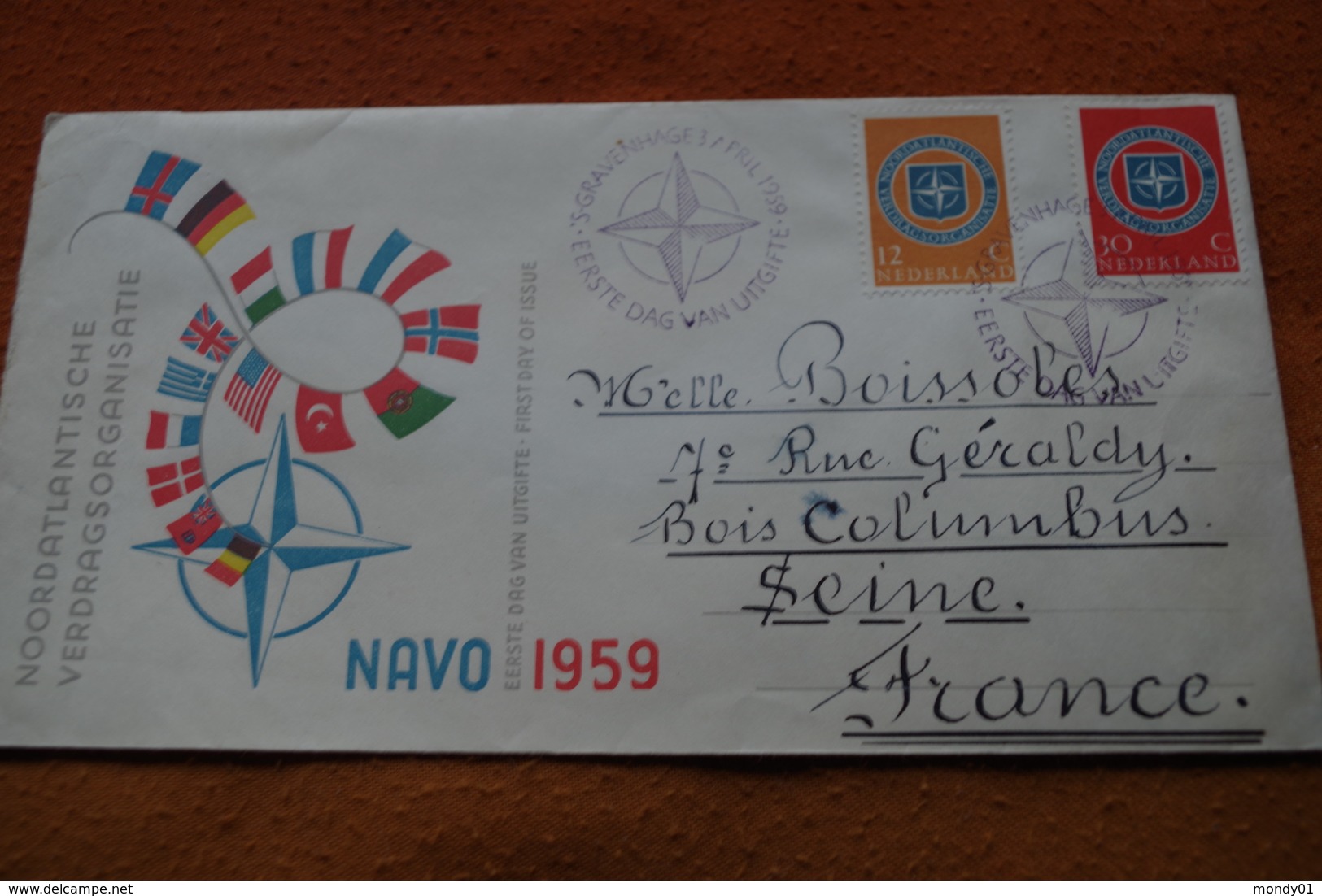 3-1414 Pays Bas To France Bois Colombes 1959 OTAN Navo Flag Drapeau Traité De L'atlanique Nord Nations Unies - OTAN