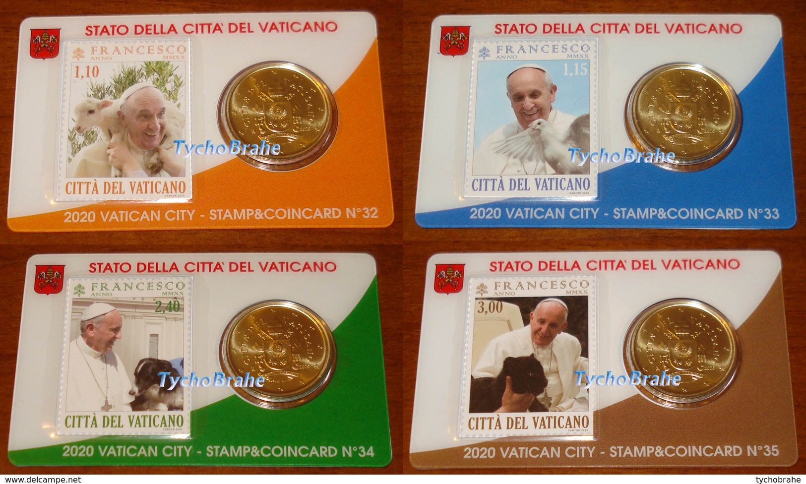 STAMP COIN CARD 50 Cent VATICANO 2020 POPE FRANCIS YEAR VIII PAPE FRANÇOIS Set 4 X Coincard Stampcoincard N° 32 33 34 35 - Vatikan