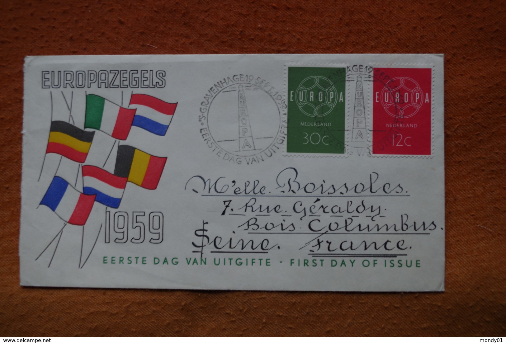 3-1411 Pays Bas To France Bois Colombes 1959 Europa Nerderland Flag Drapeaux Phare Light House - Briefe