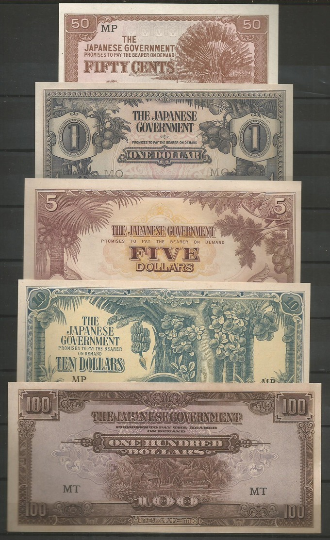 Malaya Japanese Goverment Set 1942/44 5 Notes 50 Cents 1,5,10,50 Dollars UNC - Malaysia