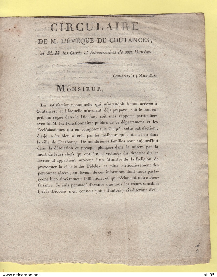 Eveque De Coutances - Circulaire - 3 Mars 1808 - Aide Aux Familles De Cherbourg - Historical Documents
