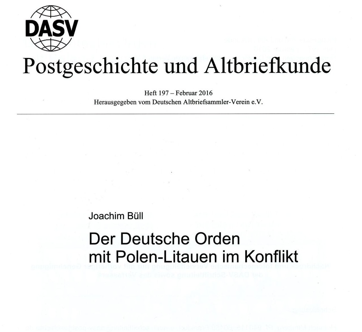 Der Deutsche Orden Mit Polen - Litauen Im Konflikt - Von Joachim Büll  (DASV) PgA 197 Aus 2016 - Philatelie Und Postgeschichte