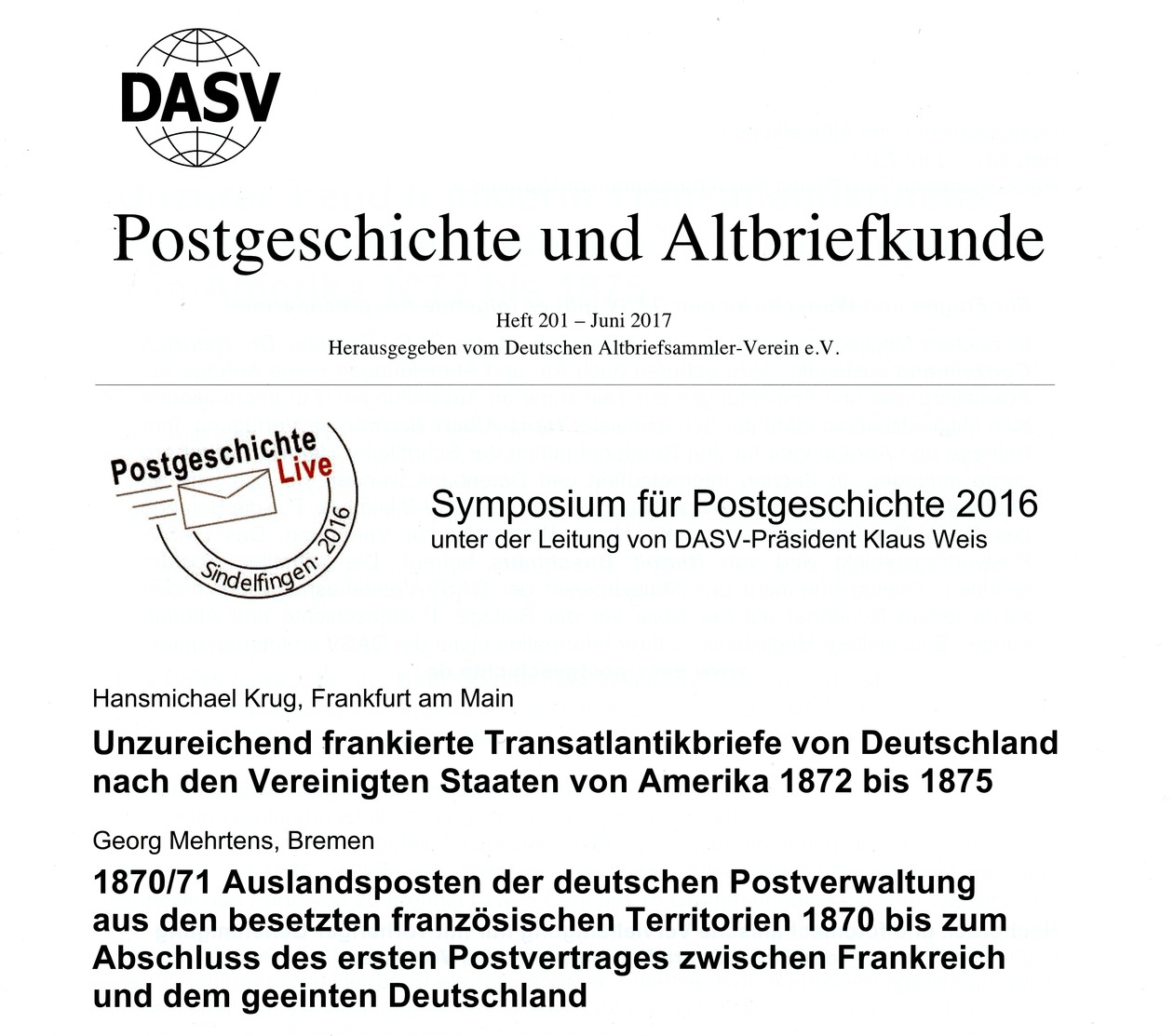 Unzureichend Frankierte Transatlantikbriefe ... - Von Hansmichael Krug  (DASV) PgA 201 Aus 2017 + - Philatelie Und Postgeschichte