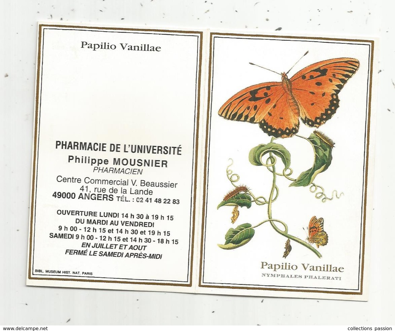 JC , Calendrier ,petit Format ,1999 ,pharmacie De L'Université ,Angers,papillon,papilio Vanillae, 2 Scans - Petit Format : 1991-00